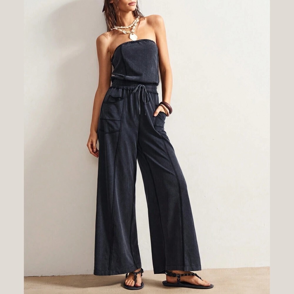 Black Washed Strapless Wide Leg Jumpsuit